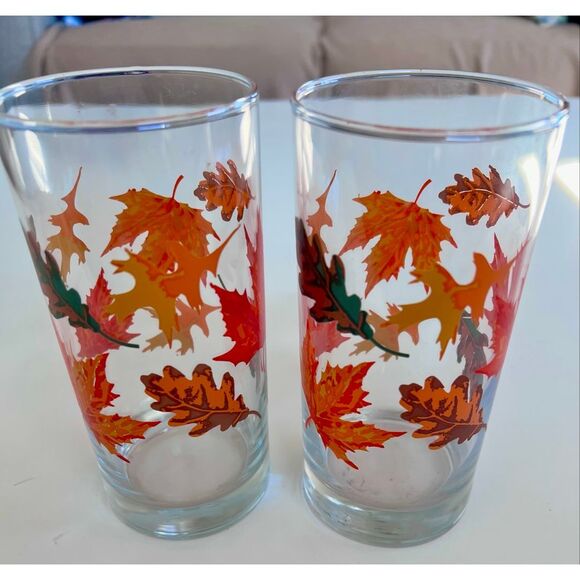 2 Vintage Libbey Crisa Autumn Fall Leaves Highball Glasses. - Picture 2 of 5